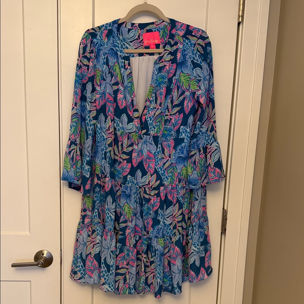 Lilly Pulitzer Navy Floral Long Sleeve Dress with Blue, Pink & Green